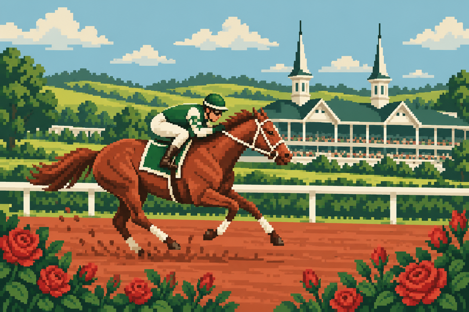 Pixel art of a racehorse, Kentucky hills, and the twin spires